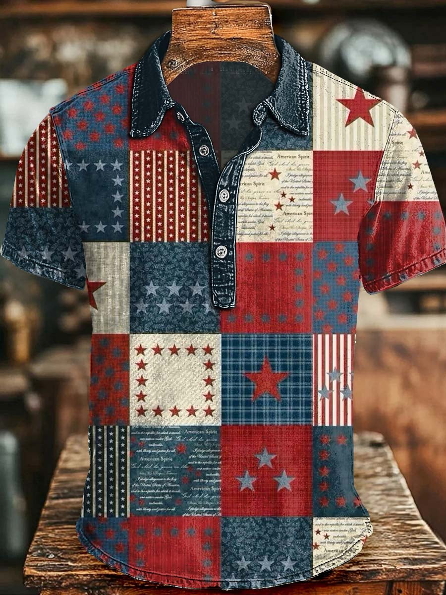 American Vintage-Style Printed Casual Short-Sleeve Polo Shirt