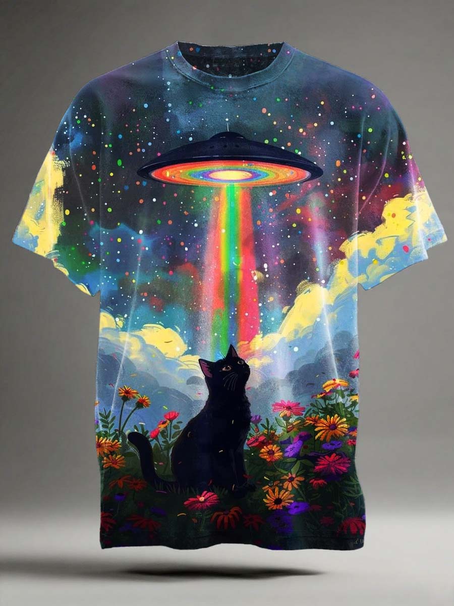 Funny Rainbow UFO Black Cat Print Casual Short-Sleeve T-Shirt