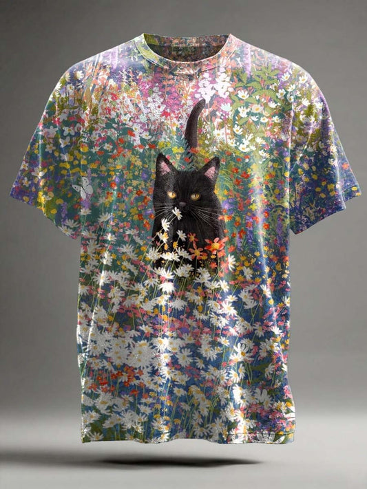 Floral Cat Print Casual Short-Sleeve T-Shirt
