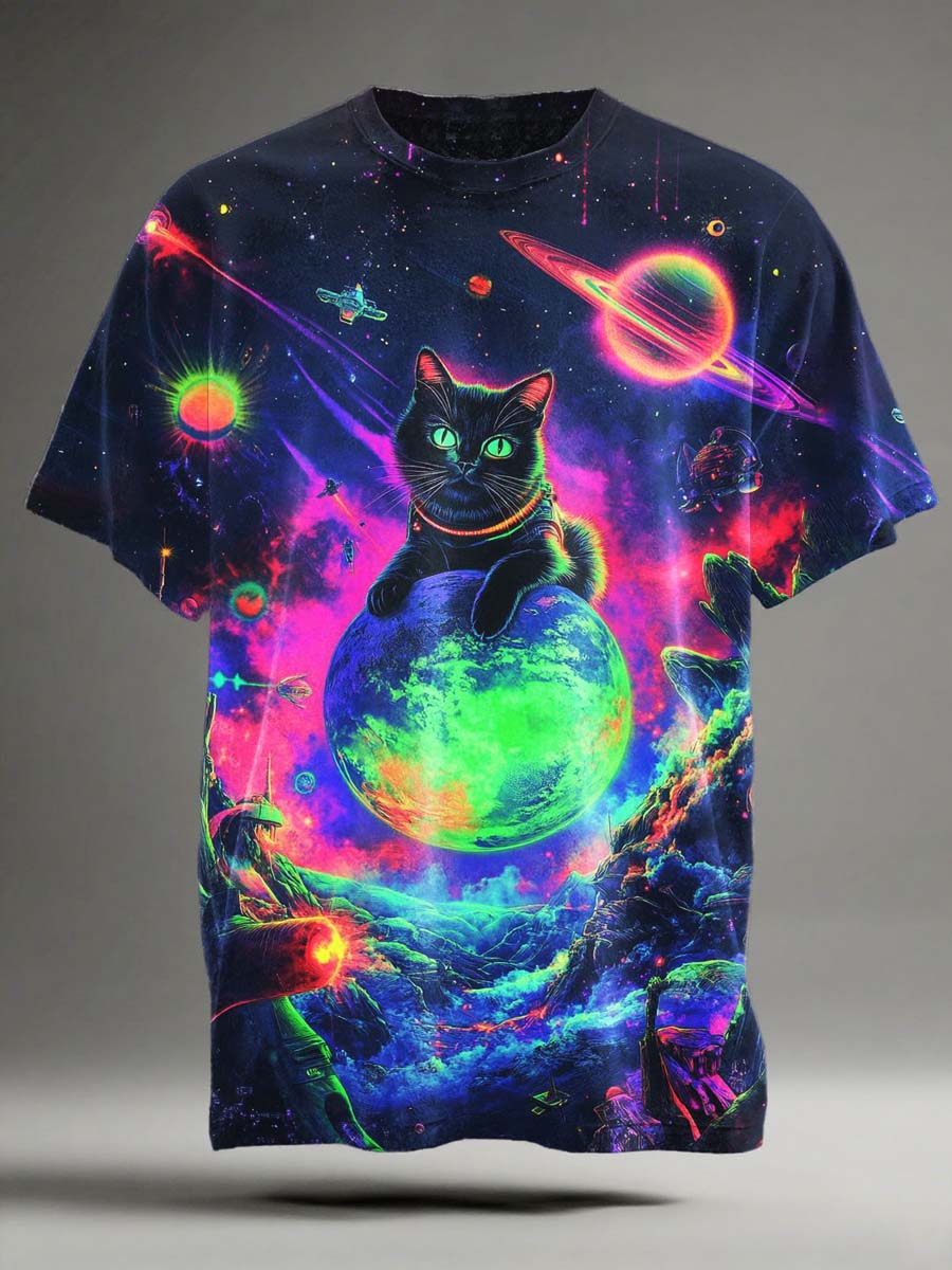 Funny Planet Black Cat Print Casual Short-Sleeve T-Shirt