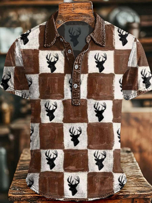 Retro Forest-Inspired Print Casual Short-Sleeve Polo Shirt