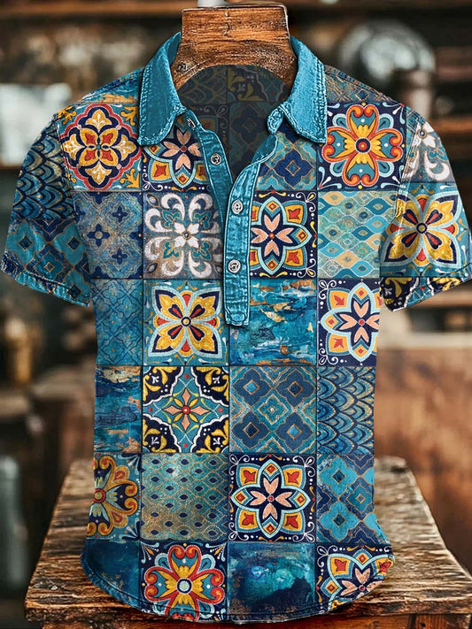 Retro Ethnic-Inspired Patchwork Floral Print Casual Short-Sleeve Polo Shirt