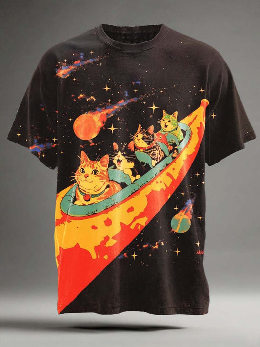 Funky Spaceship Cat Print Casual Short-Sleeve T-Shirt