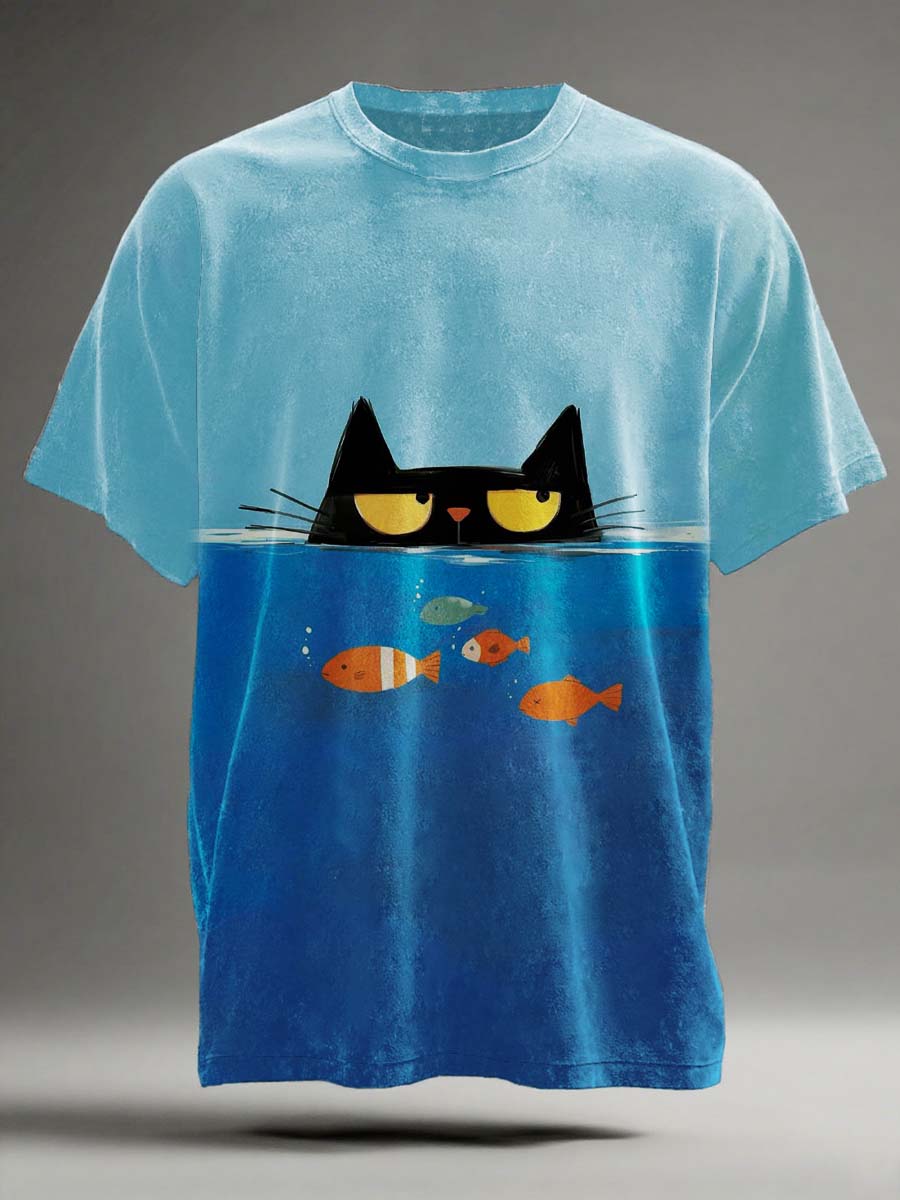 Funny Cat and Fish Print Casual Short-Sleeve T-Shirt