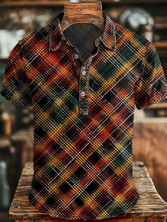 Retro Plaid Print Short-Sleeve Polo Shirt