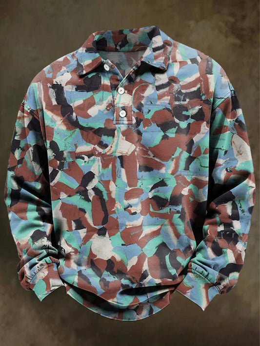 Abstract Ink-Splash Contrast-Color Print Casual Long-Sleeve Polo Shirt