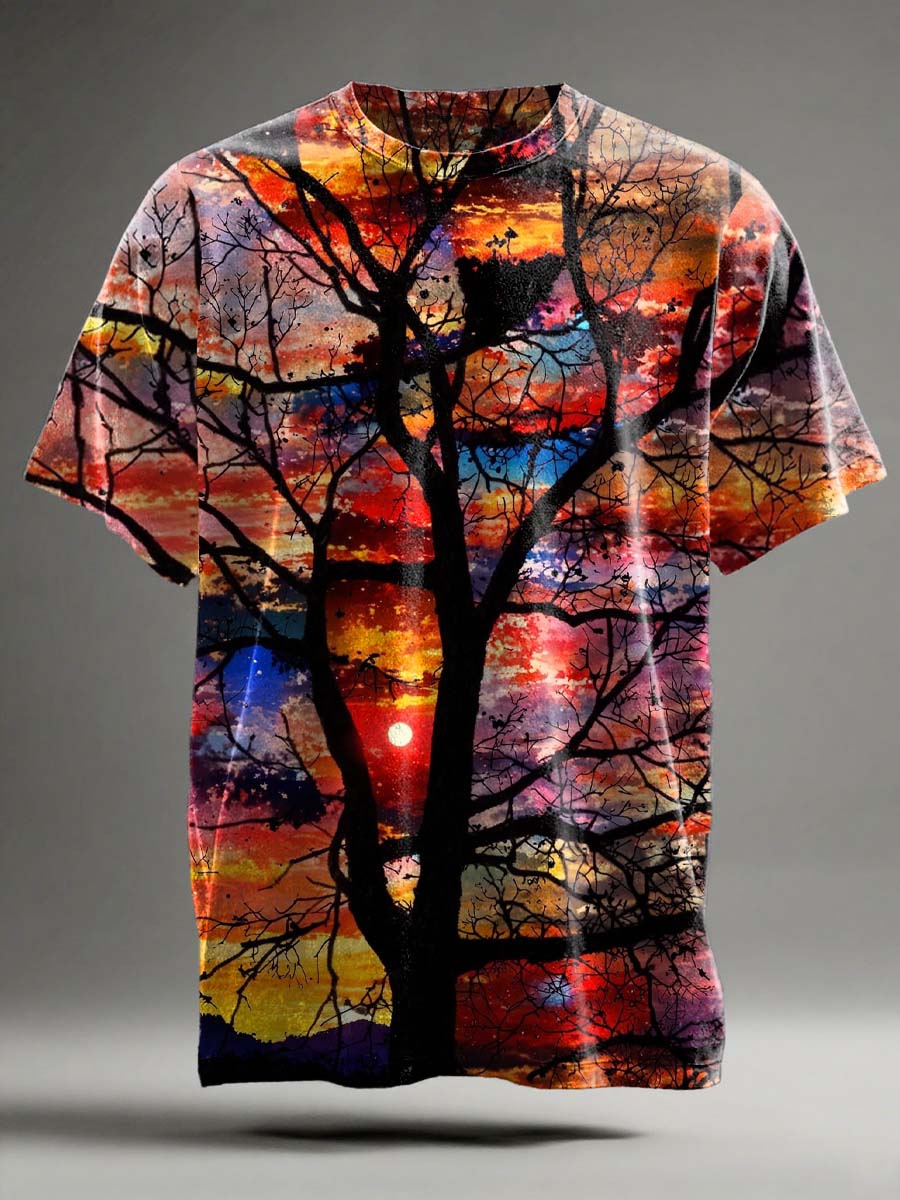 Abstract Sunset Landscape Print Casual Short-Sleeve T-Shirt