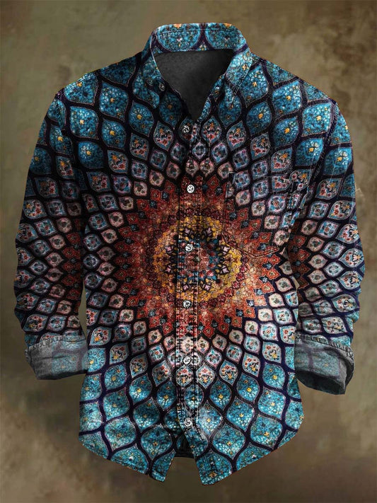Abstract Symmetrical Geometric Pattern Printed Casual Long-Sleeve Shirt