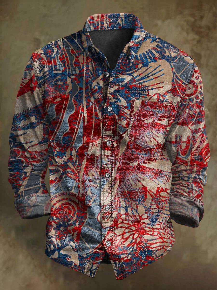 Retro Abstract Floral Print Casual Long-Sleeve Shirt