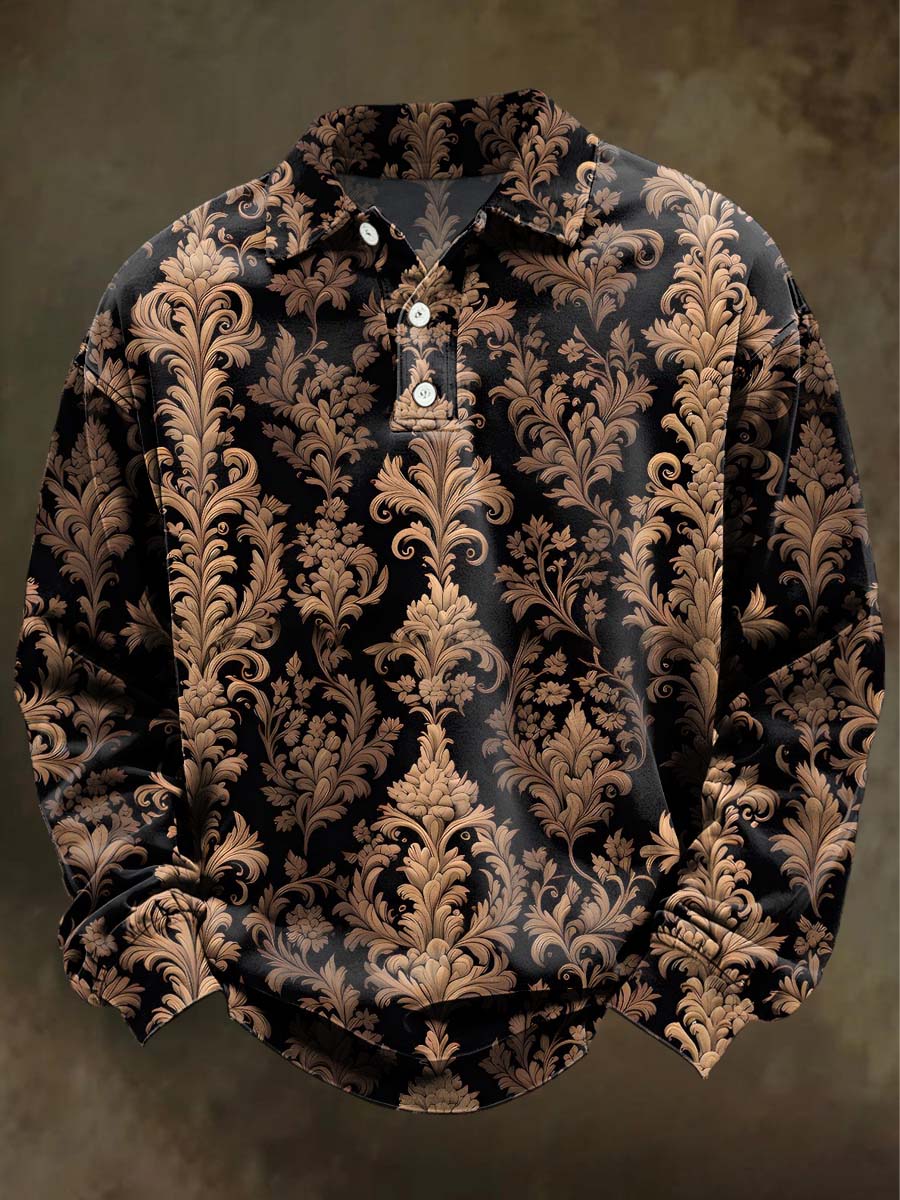 Retro Gothic Floral Print Casual Long-Sleeve Polo Shirt