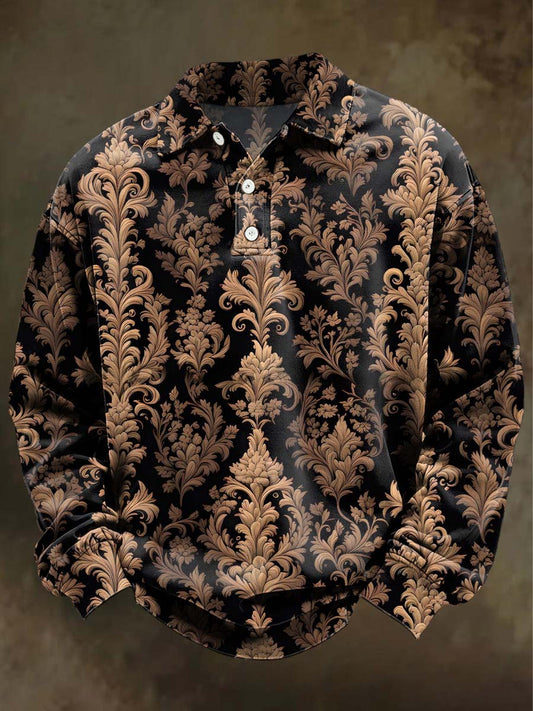 Retro Gothic Floral Print Casual Long-Sleeve Polo Shirt