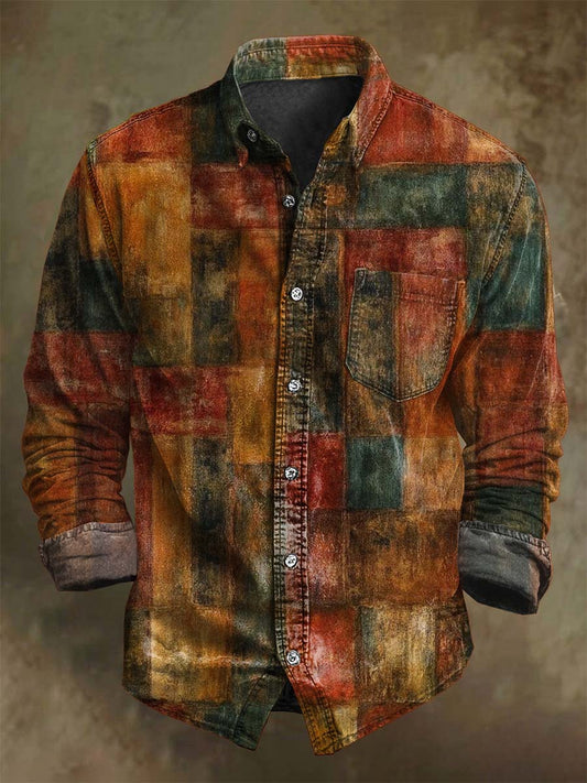 Abstract Vintage-Inspired Distressed Plaid Print Casual Long-Sleeve Shirt