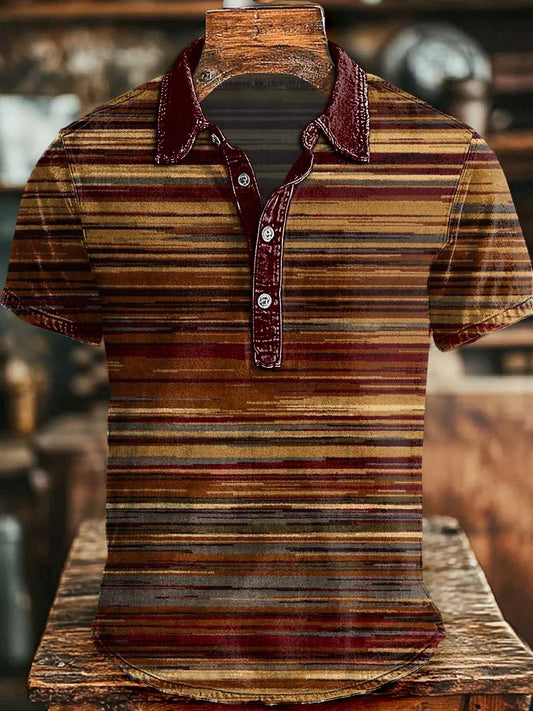 Retro Striped Print Short-Sleeve Polo Shirt