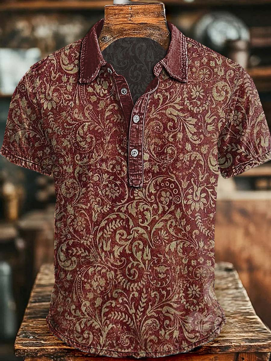 Retro Floral Print Short-Sleeve Polo Shirt