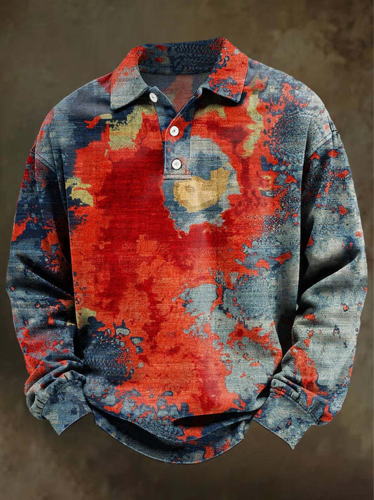 Retro Color-Block Art Print Casual Long-Sleeve Polo Shirt