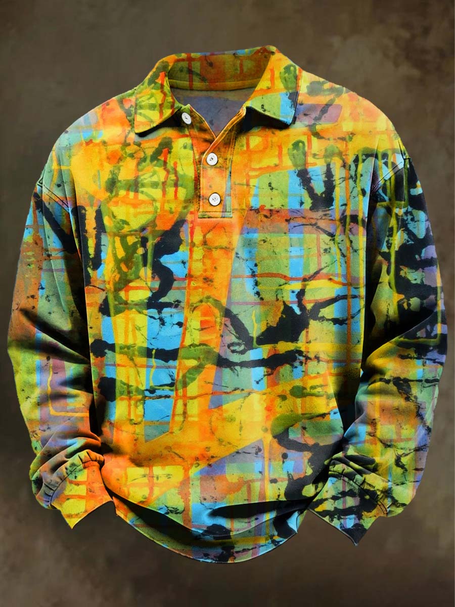 Abstract Color-Blocked Geometric Print Casual Long-Sleeve Polo Shirt