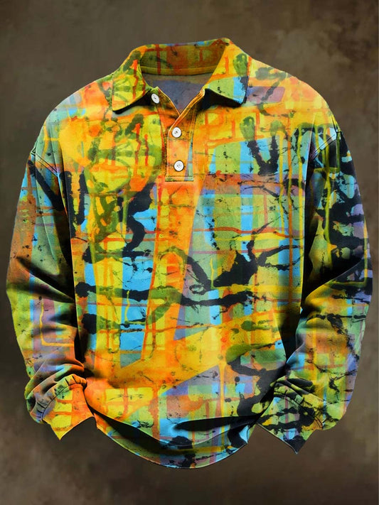 Abstract Color-Blocked Geometric Print Casual Long-Sleeve Polo Shirt