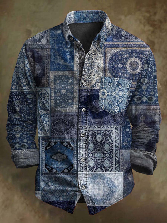 Retro Patchwork Floral Print Casual Long-Sleeve Shirt