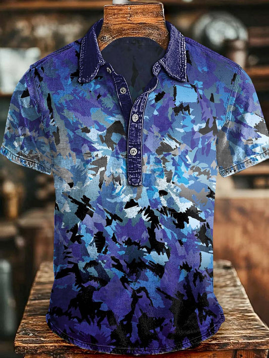 Abstract Gradient Geometric Print Short-Sleeve Polo Shirt