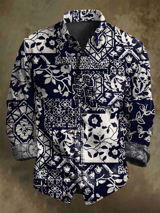 Retro Geometric Floral Print Casual Long-Sleeve Shirt