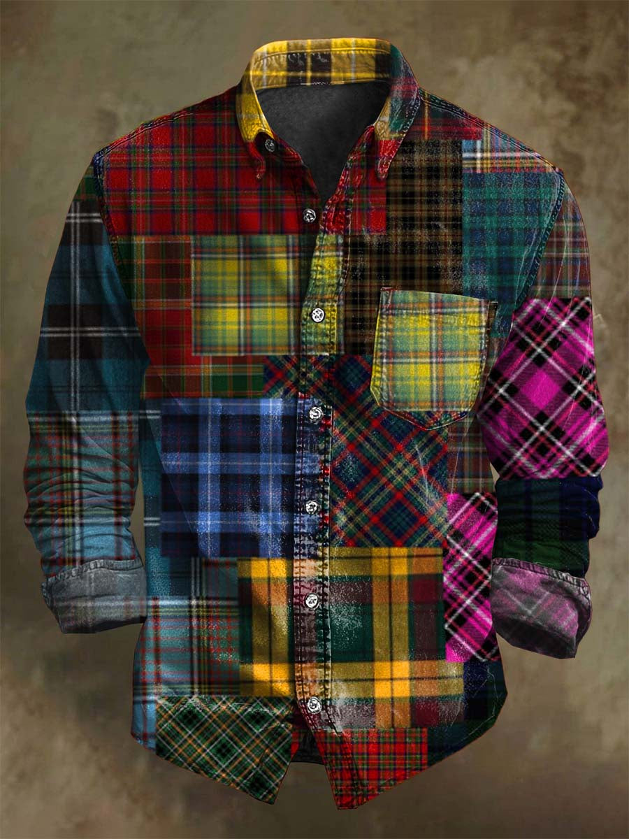 Retro Patchwork Irregular Check Print Long-Sleeve Shirt