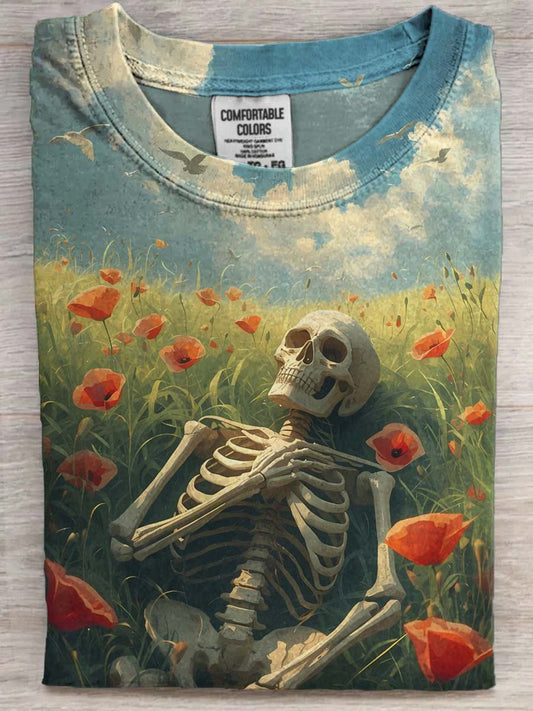 Blue Sky and White Clouds Skull Floral Print Casual Short-Sleeve T-Shirt