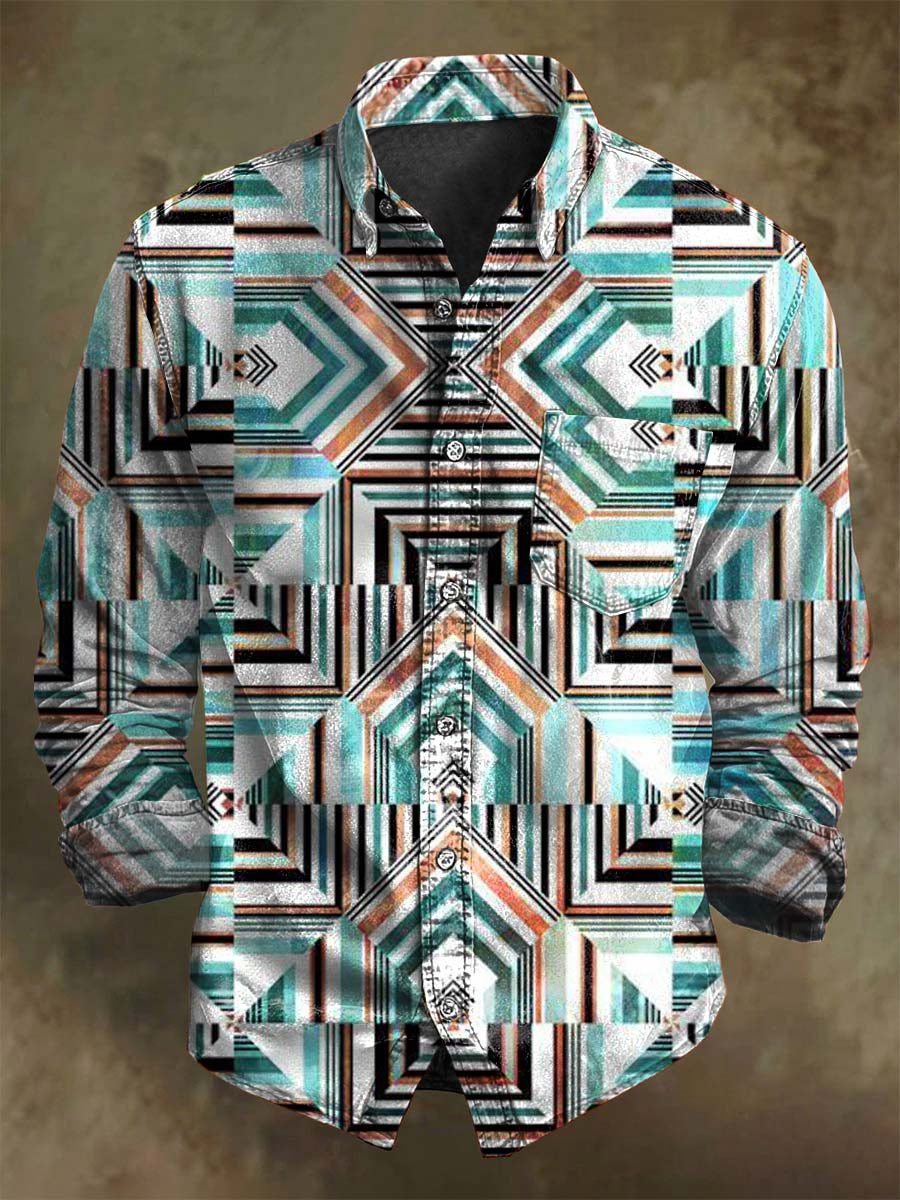 Retro Patchwork Asymmetrical Geometric Print Long-Sleeve Shirt