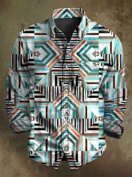 Retro Patchwork Asymmetrical Geometric Print Long-Sleeve Shirt