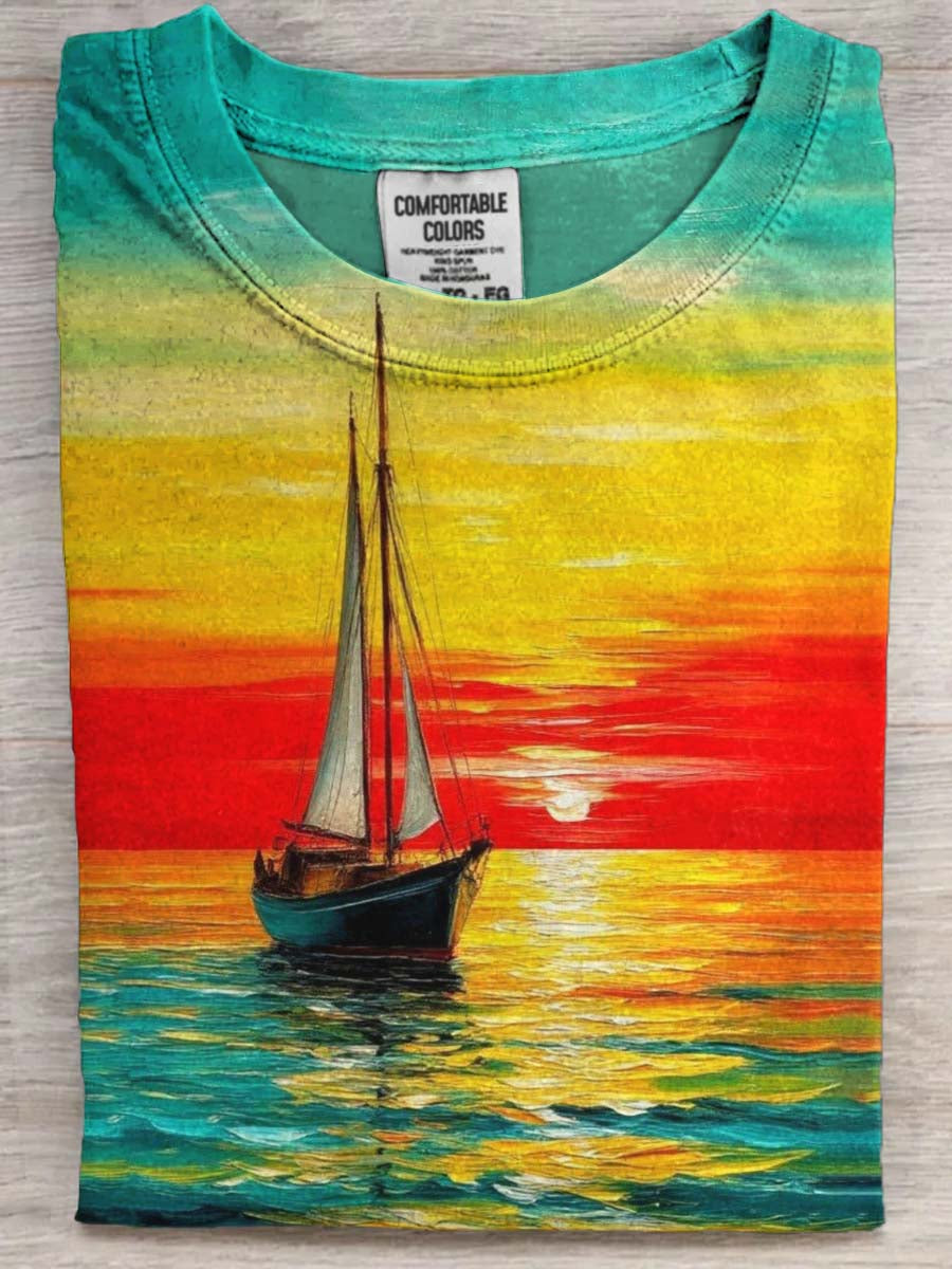 Abstract Sailboat Sunset Print Casual Short-Sleeve T-Shirt