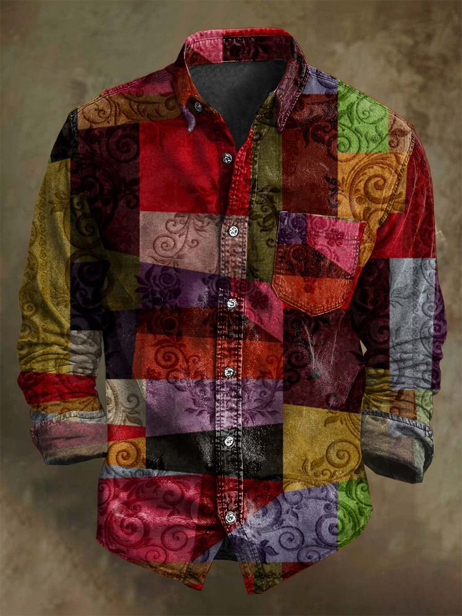 Retro Patchwork Asymmetrical Floral Print Long-Sleeve Shirt