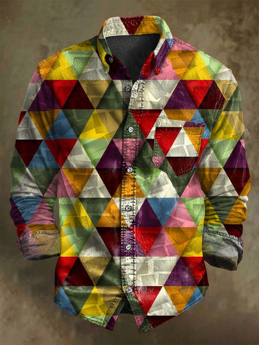 Colorful Geometric Check Print Long-Sleeve Shirt