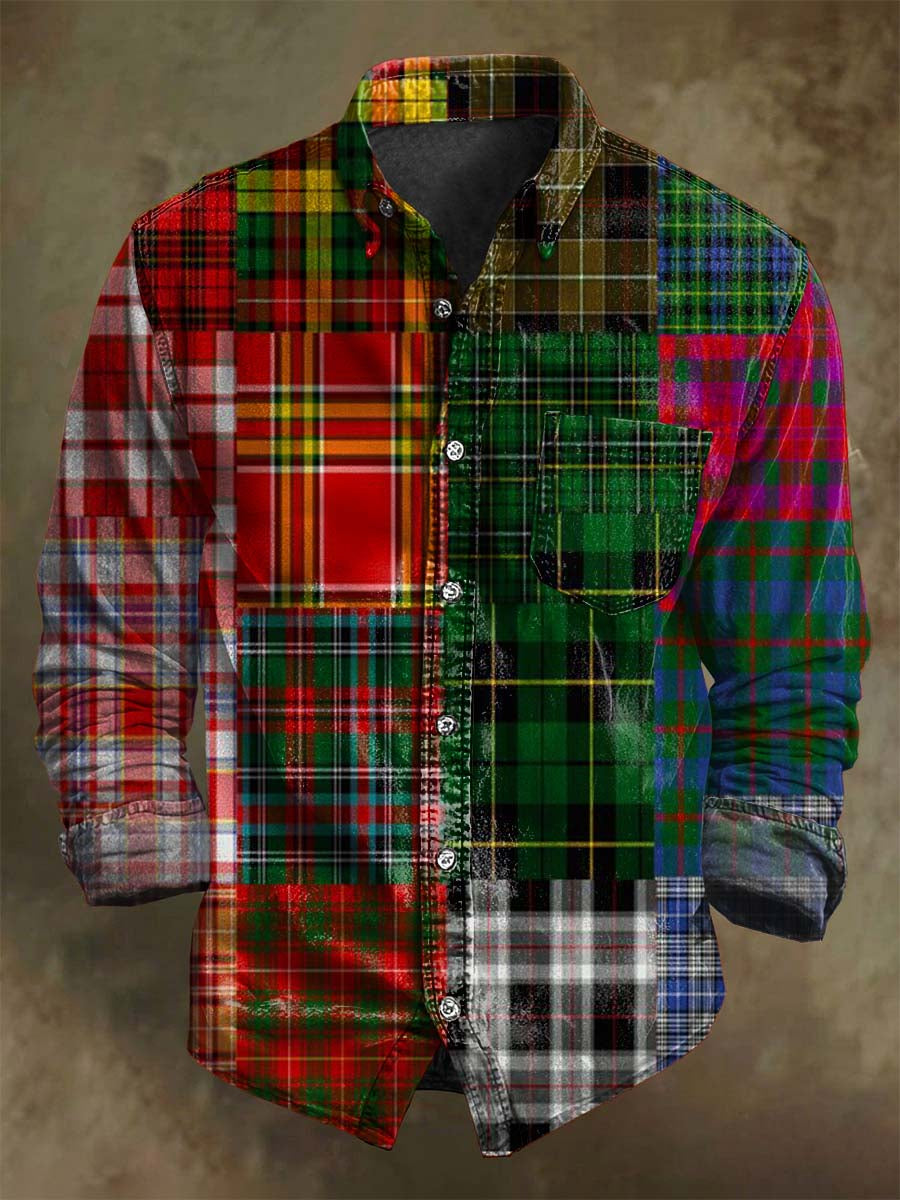 Retro Patchwork Plaid Print Long-Sleeve Shirt