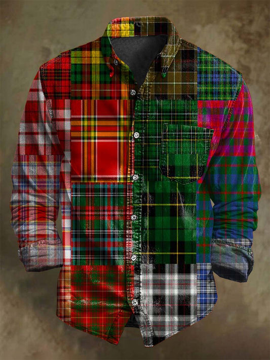 Retro Patchwork Plaid Print Long-Sleeve Shirt