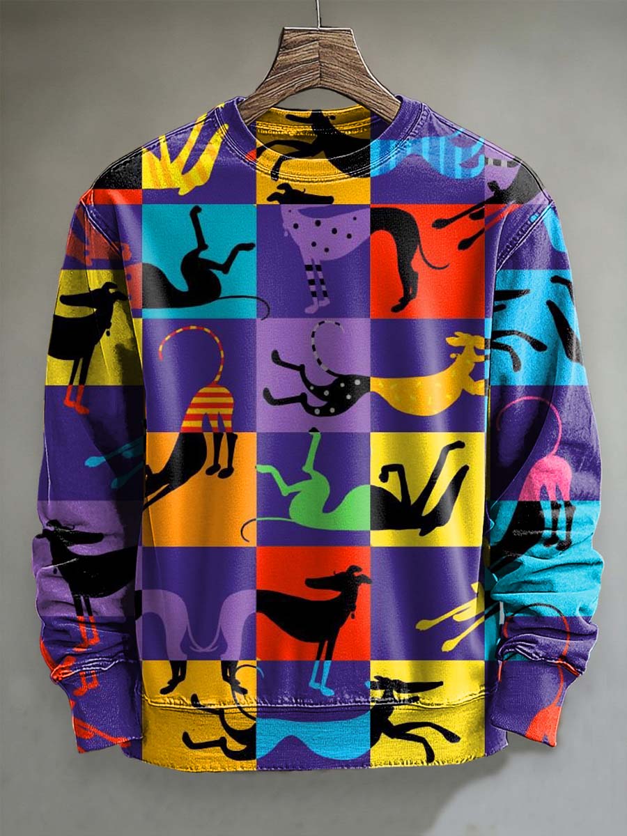Abstract Patchwork Puppy Print Casual Crewneck Sweatshirt