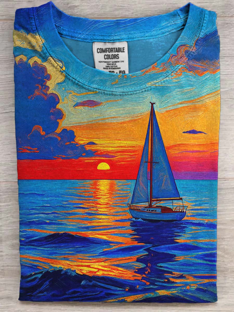 Abstract Sailboat Sunset Print Casual Short-Sleeve T-Shirt
