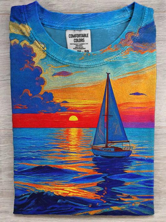Abstract Sailboat Sunset Print Casual Short-Sleeve T-Shirt