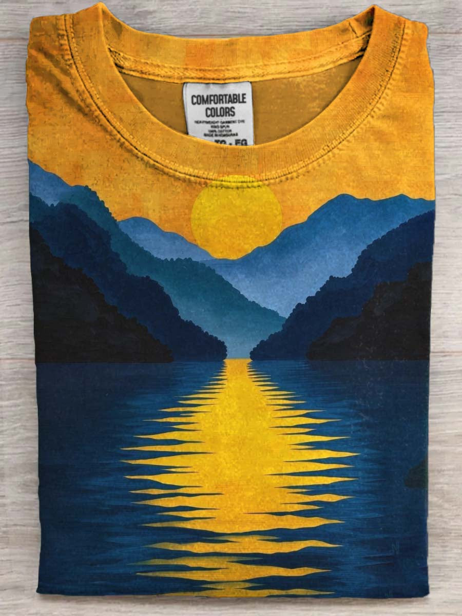 Landscape Sunset Print Casual Short-Sleeve T-Shirt