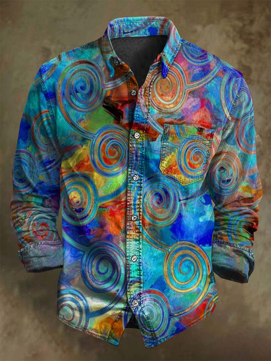 Abstract Transparent Spiral Print Casual Long-Sleeve Shirt
