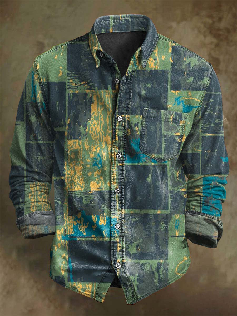 Retro Patchwork Asymmetrical Geometric Print Long-Sleeve Shirt