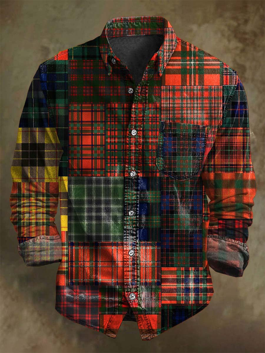 Retro Patchwork Plaid Print Long-Sleeve Shirt