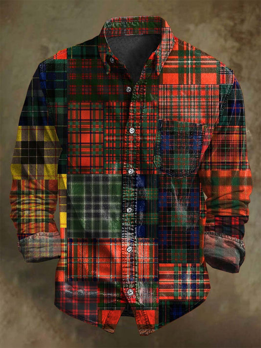 Retro Patchwork Plaid Print Long-Sleeve Shirt