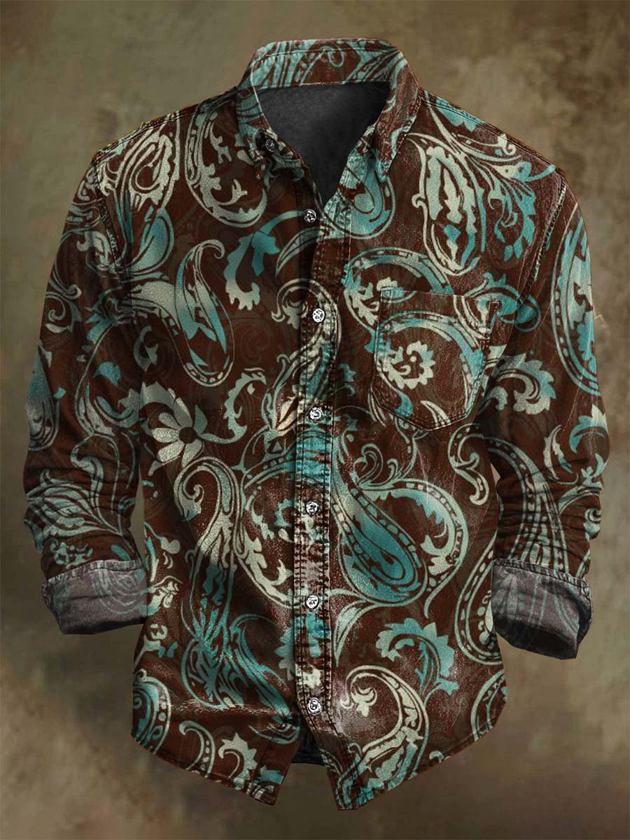 Abstract Vintage-Inspired Paisley Print Casual Long-Sleeve Shirt