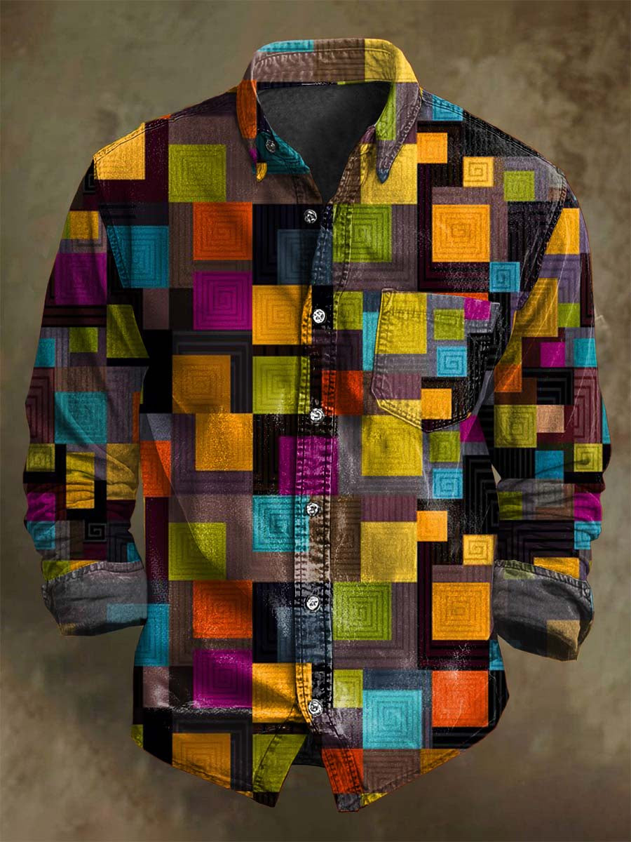Abstract Modern Geometric Patchwork Print Long-Sleeve Shirt