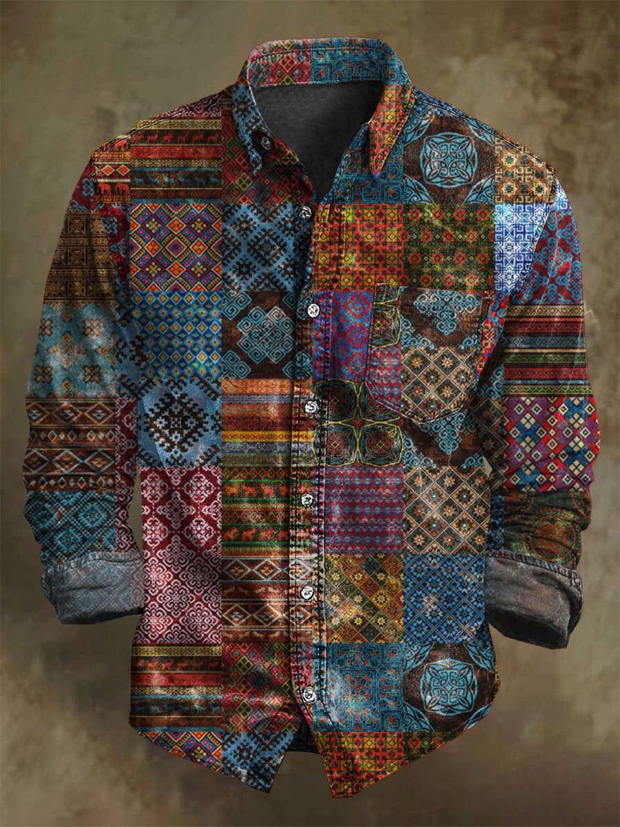 Retro Patchwork Asymmetrical Floral Plaid Print Long-Sleeve Shirt