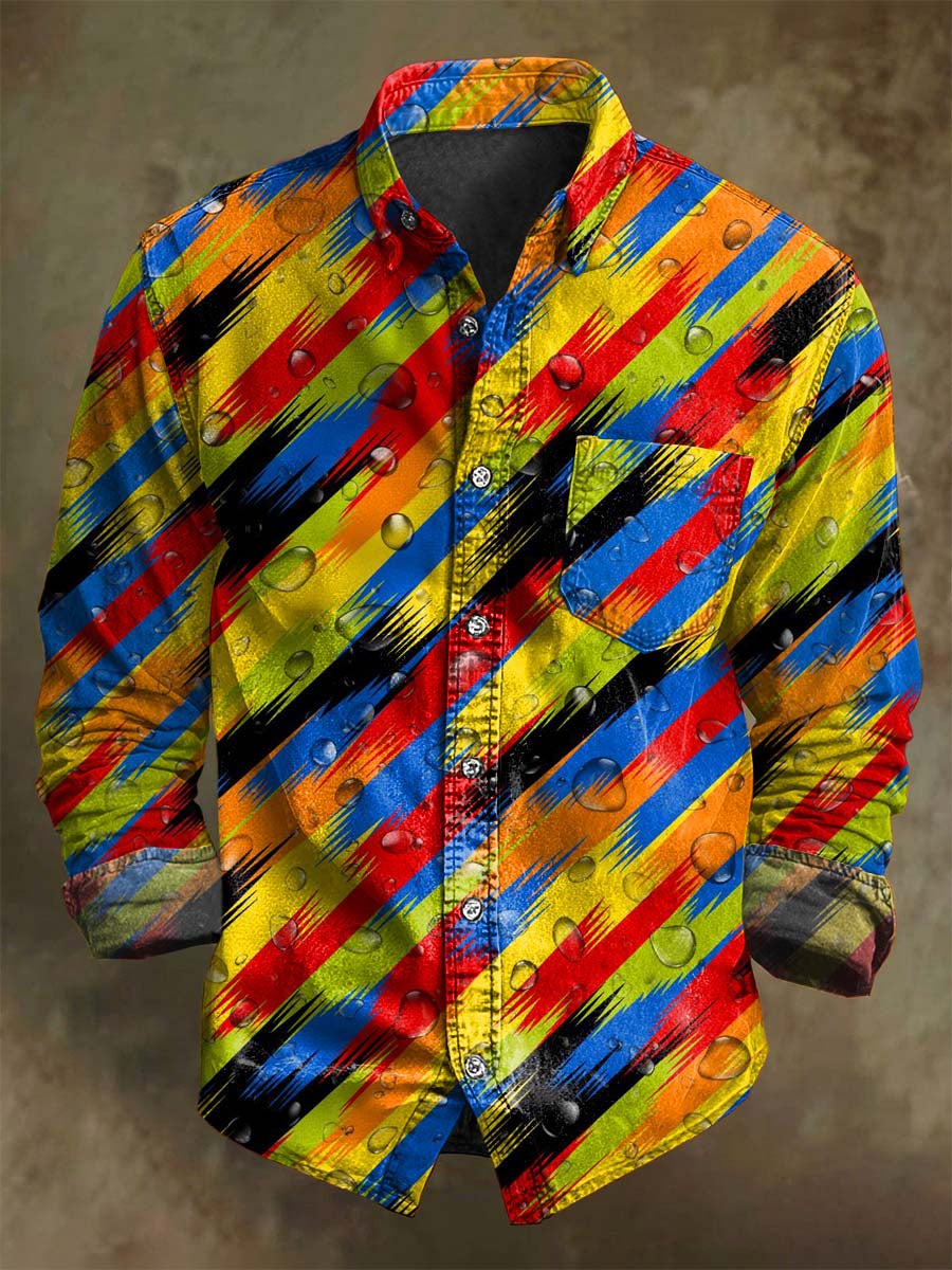 Abstract Color-Block Striped Print Casual Long-Sleeve Shirt