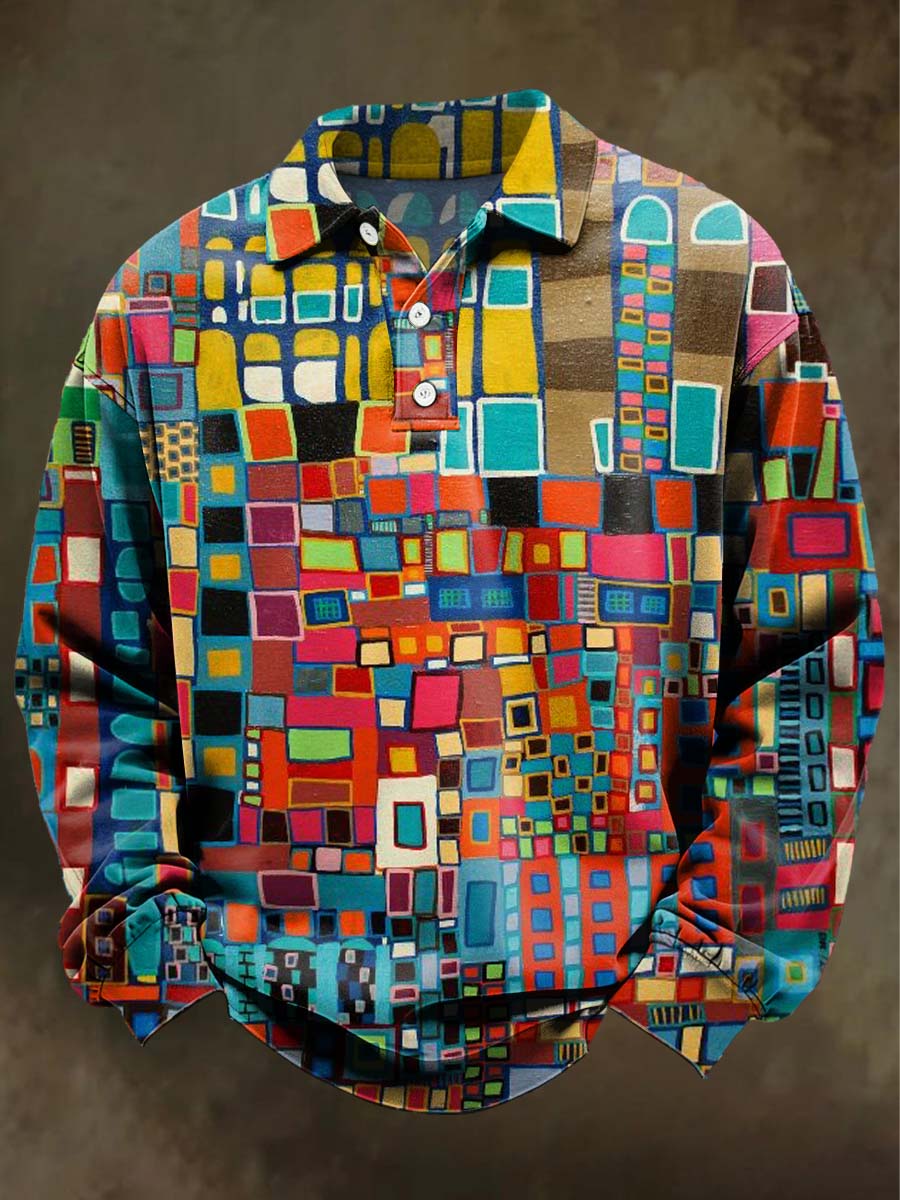 Abstract Color-Blocked Geometric Print Casual Long-Sleeve Polo Shirt