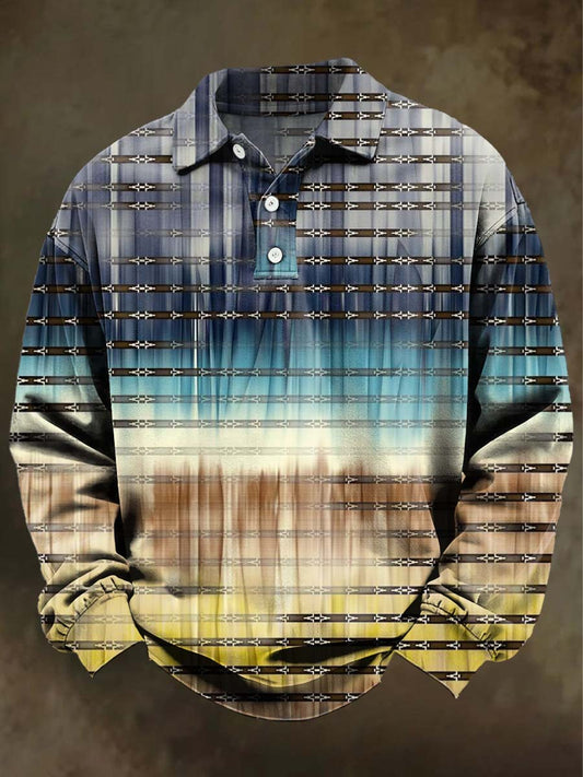 Abstract Gradient Check Print Casual Long-Sleeve Polo Shirt
