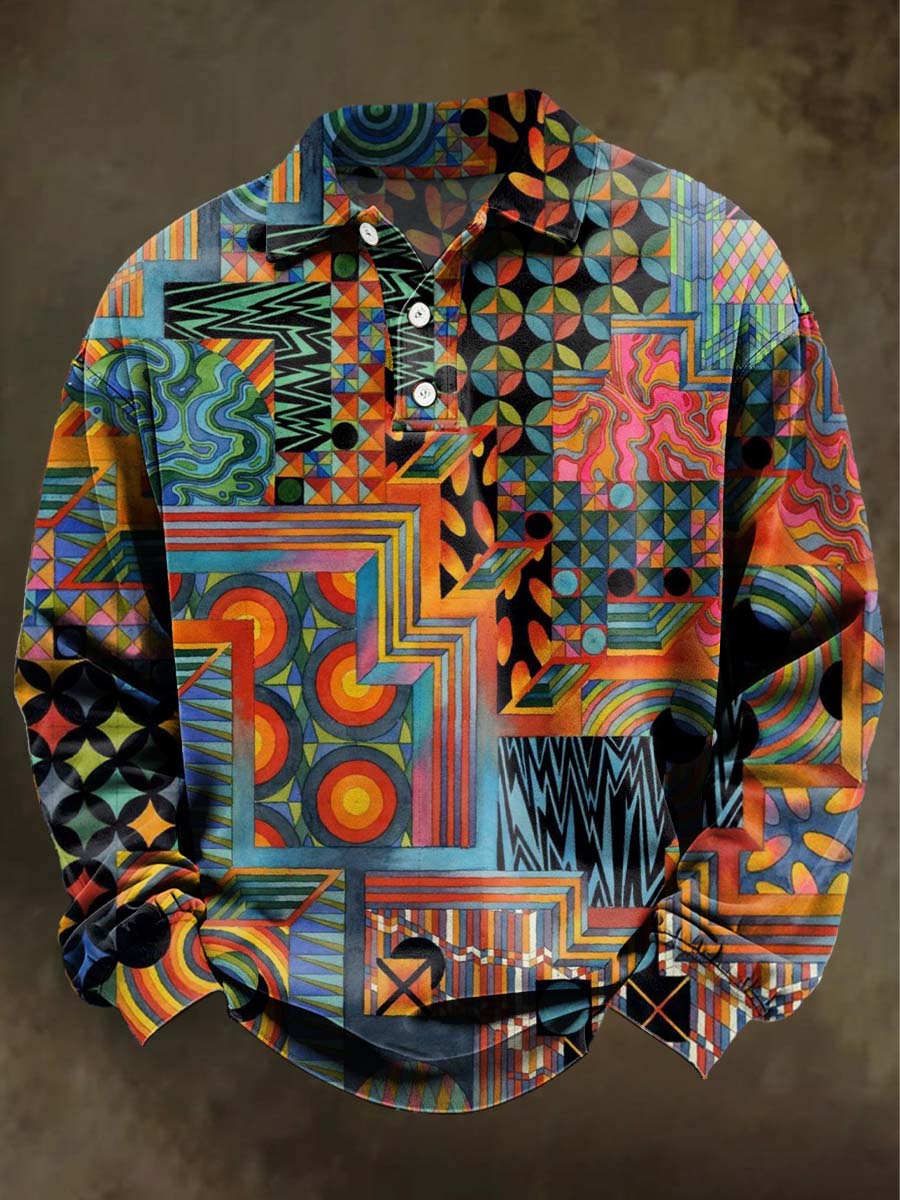 Abstract Color-Blocked Geometric Print Casual Long-Sleeve Polo Shirt
