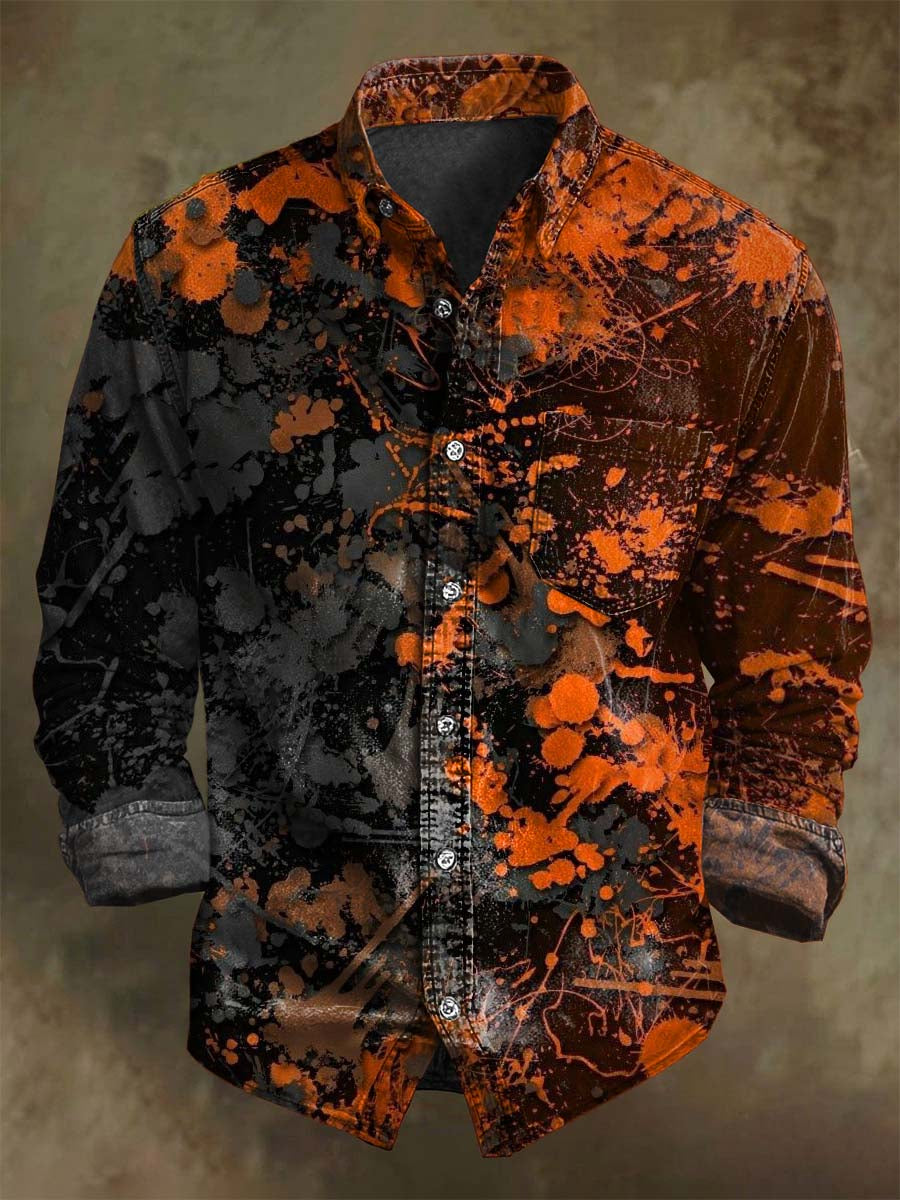 Abstract Color-Block Splatter Print Casual Long-Sleeve Shirt