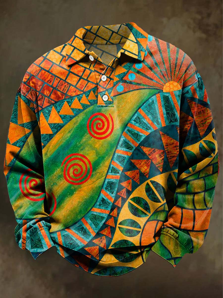 Abstract Retro Color-Blocked Geometric Print Casual Long-Sleeve Polo Shirt